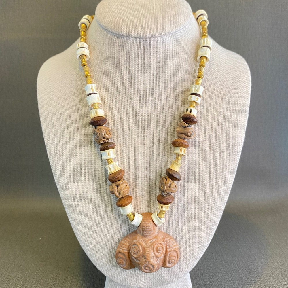 Vintage Miriam Haskell Statement Necklace Clay Pendant Carved Wood Beaded 21"
